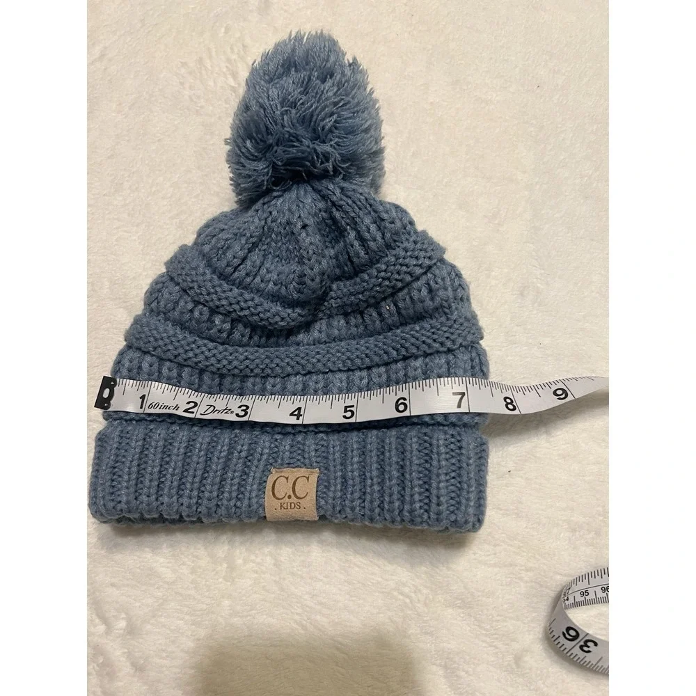 C.C Kids' Babies' Girls Soft Stretch Cable Knit Pom Pom Beanie Hat Pale Blue